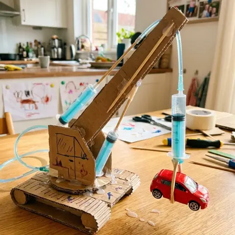Hydraulic cardboard crane built by a kid